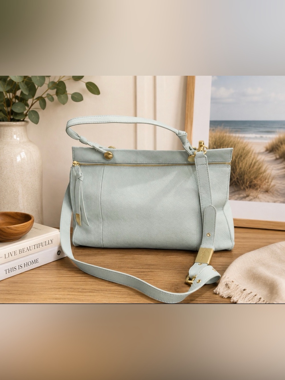 Foley + Corinna Pale Blue Leather Shoulder satchel crossbody bag with Gold HW